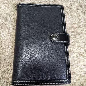 Coach black leather passport wallet + pen